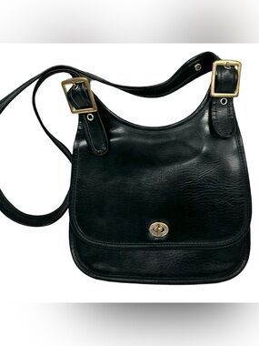 Vintage Handmade Classic Black Leather Crossbody Saddle Bag with Brass Hardware